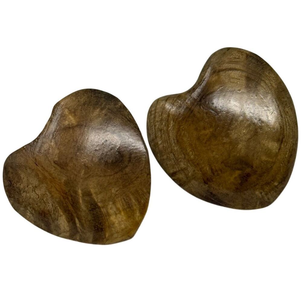 Vintage 70s Myrtle Wood Heart Screw Back Earrings Boho Natural
